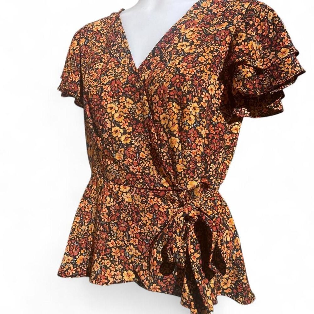 Women's autumn floral wrap blouse